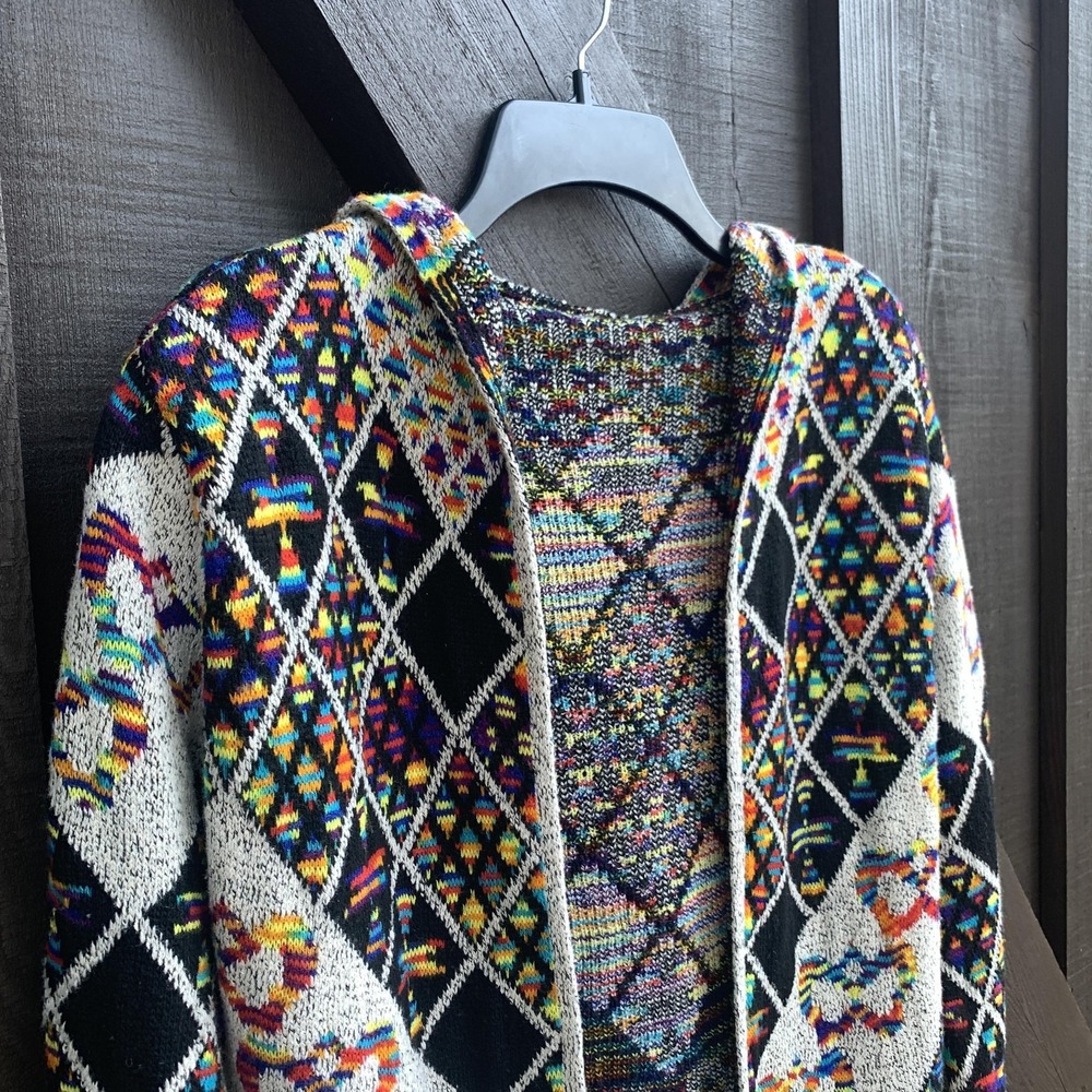 Boho Aztec Hooded Cardigan Sweater Open Front Long Knit Multicolor Size M - Picture 5 of 14